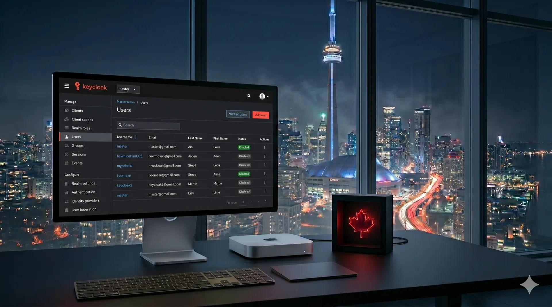 Keycloak identity and access management dashboard on a desktop monitor overlooking the Toronto skyline at night