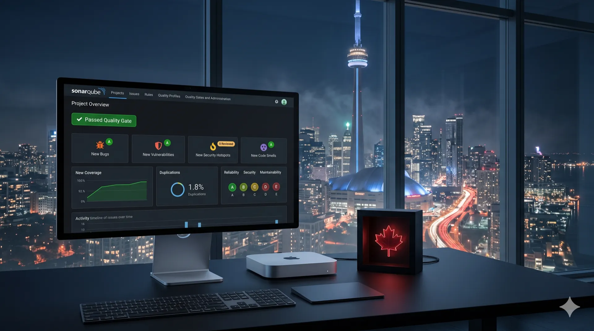 SonarQube quality-gate dashboard on a desktop monitor overlooking the Toronto skyline at night