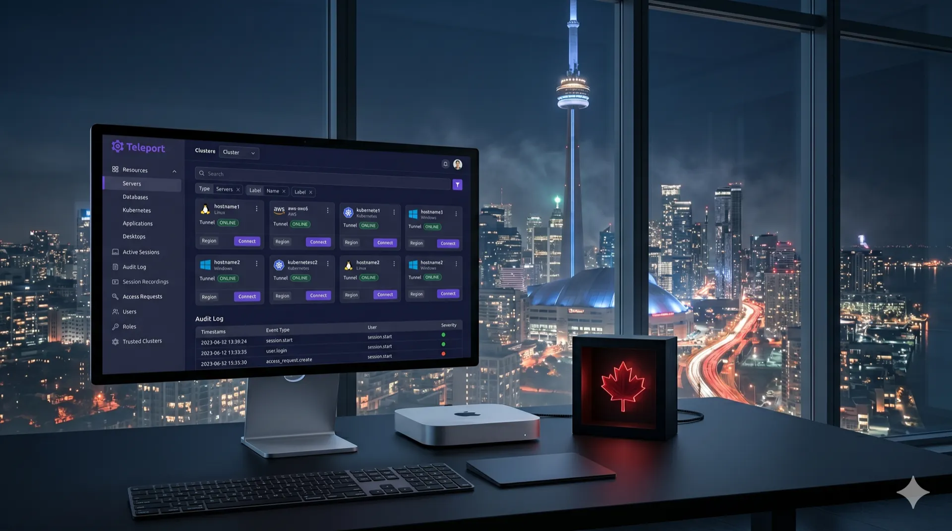 Teleport identity-aware proxy dashboard on a desktop monitor overlooking the Toronto skyline at night