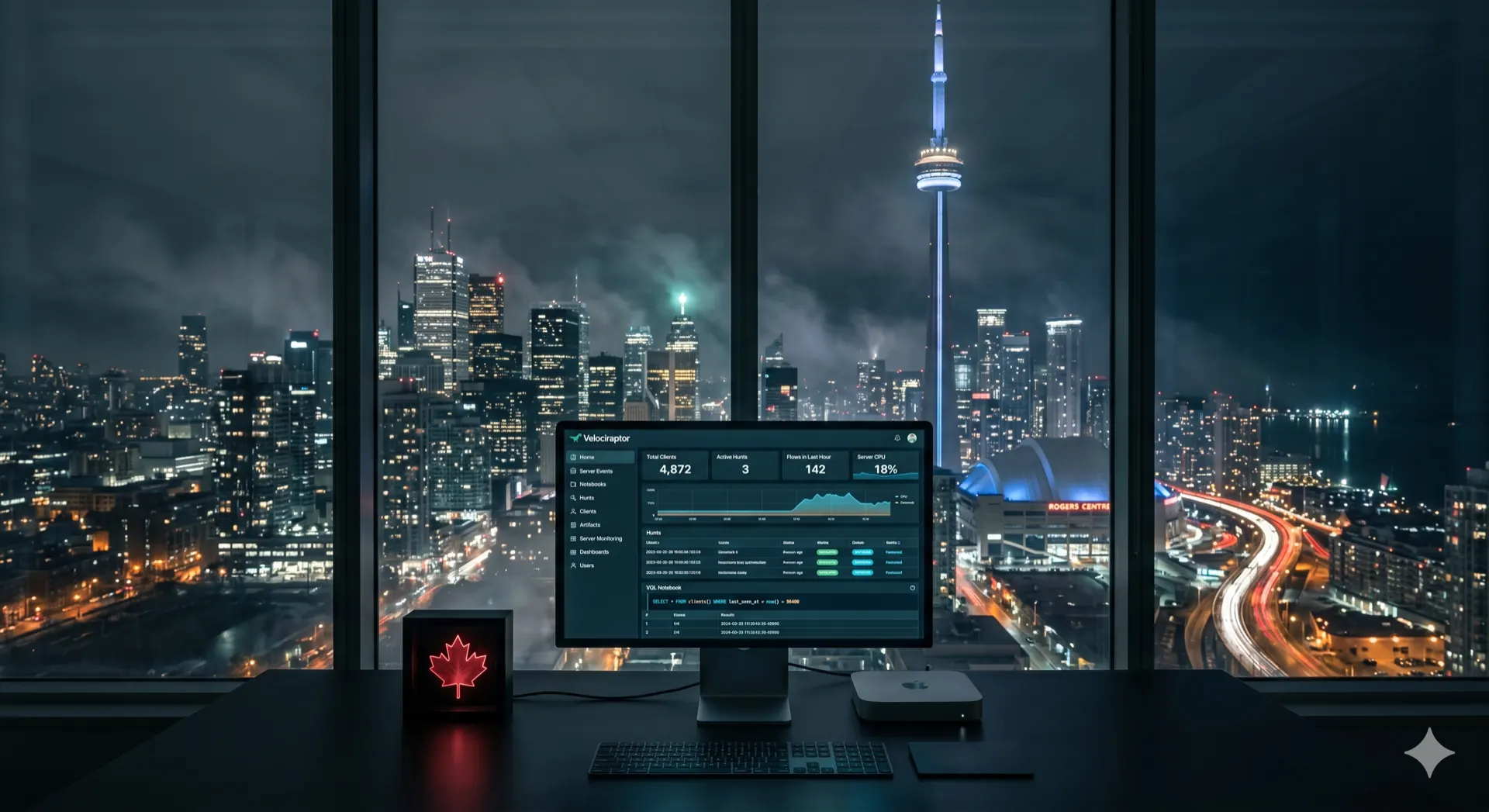 Velociraptor DFIR hunt console on a desktop monitor overlooking the Toronto skyline at night